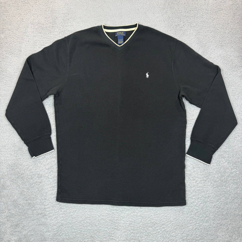 Polo Ralph Lauren Mens 2XL Black Waffle Knit Thermal V-Neck Long Sleeve Shirt